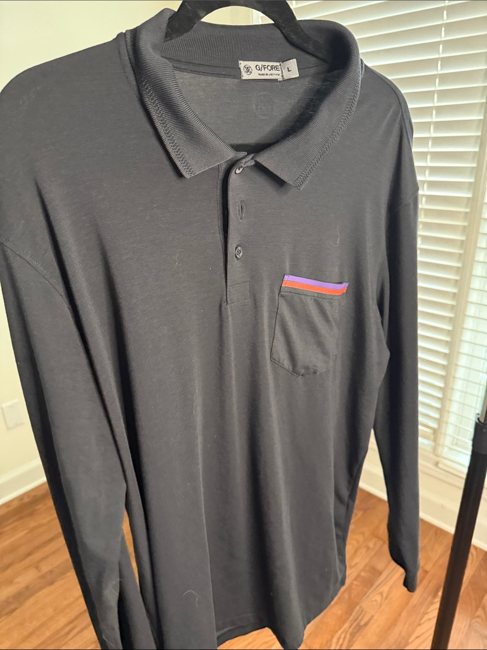 G/FORE Black Long Sleeve Polo with Purple and Red Trim L